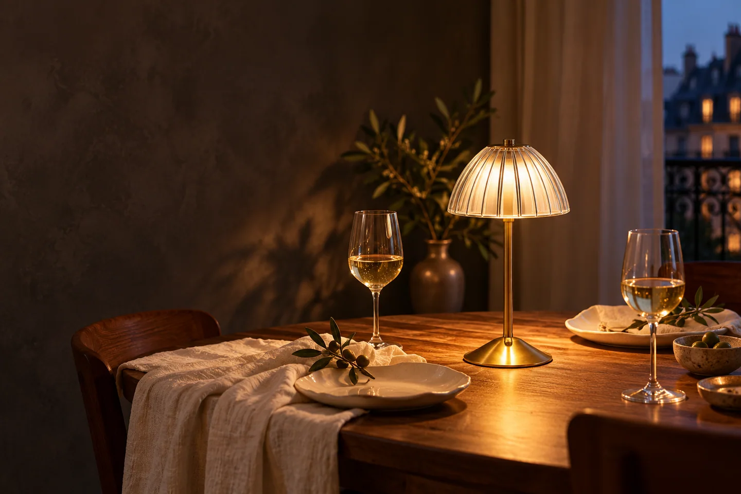 La lampe Lune éclaire une table de dîner en lin et bois à la tombée du jour